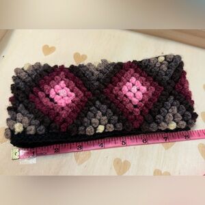 Peruvian Alpaca wool Handmade Crochet headband with Pink and Brown Squares